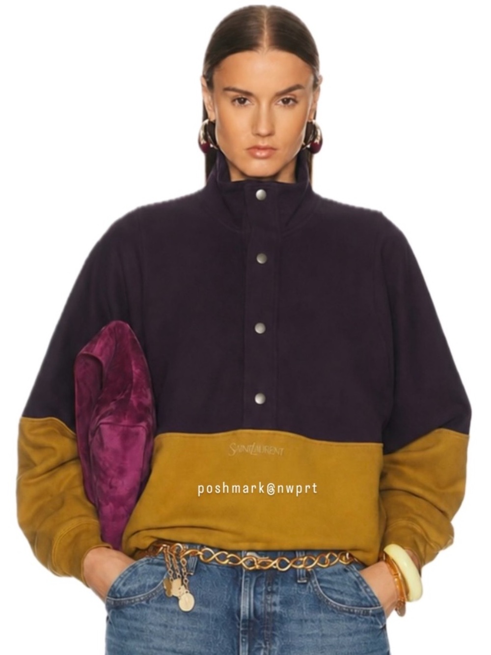 Saint Laurent Bicolor Funnel Neck Pullover Track Jacket Maroon Mustard XS 0 2